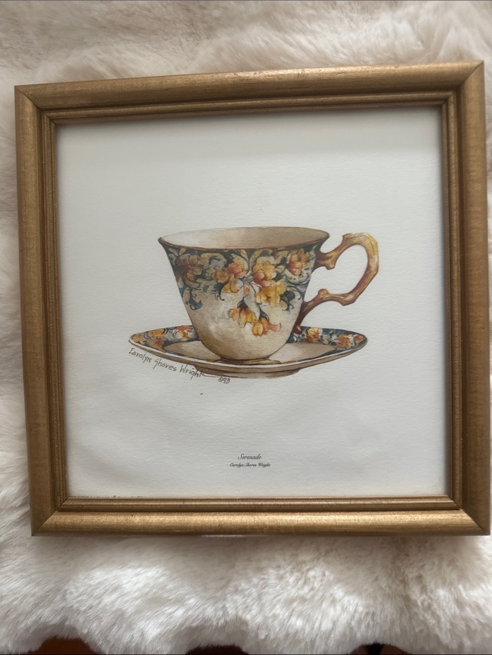 Carolyn Shore Wright “Serenade”Framed Teacup Watercolor - Gold Frame